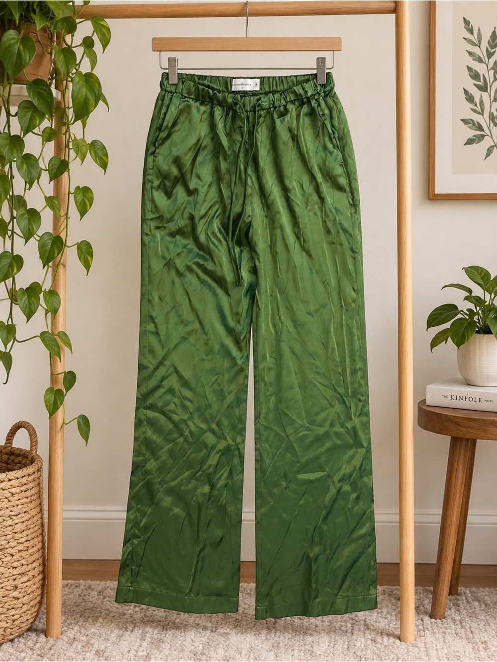 Abercrombie & Fitch Green Satin Wide Leg Pull On Pants Size Small